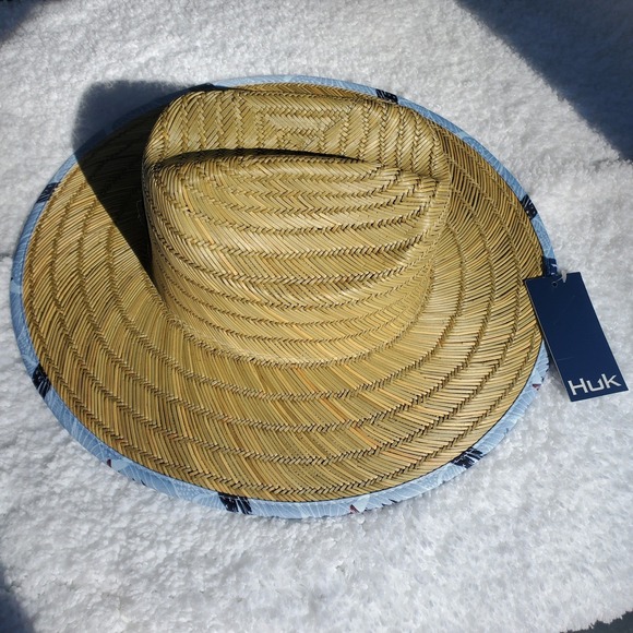 Huk Straw Hat KC Fish and Flag Mens Fishing Sun Hat Tan Blue H7300052-454-1 - Picture 5 of 6